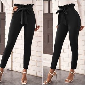 Paperbag pants belted skinny black office work